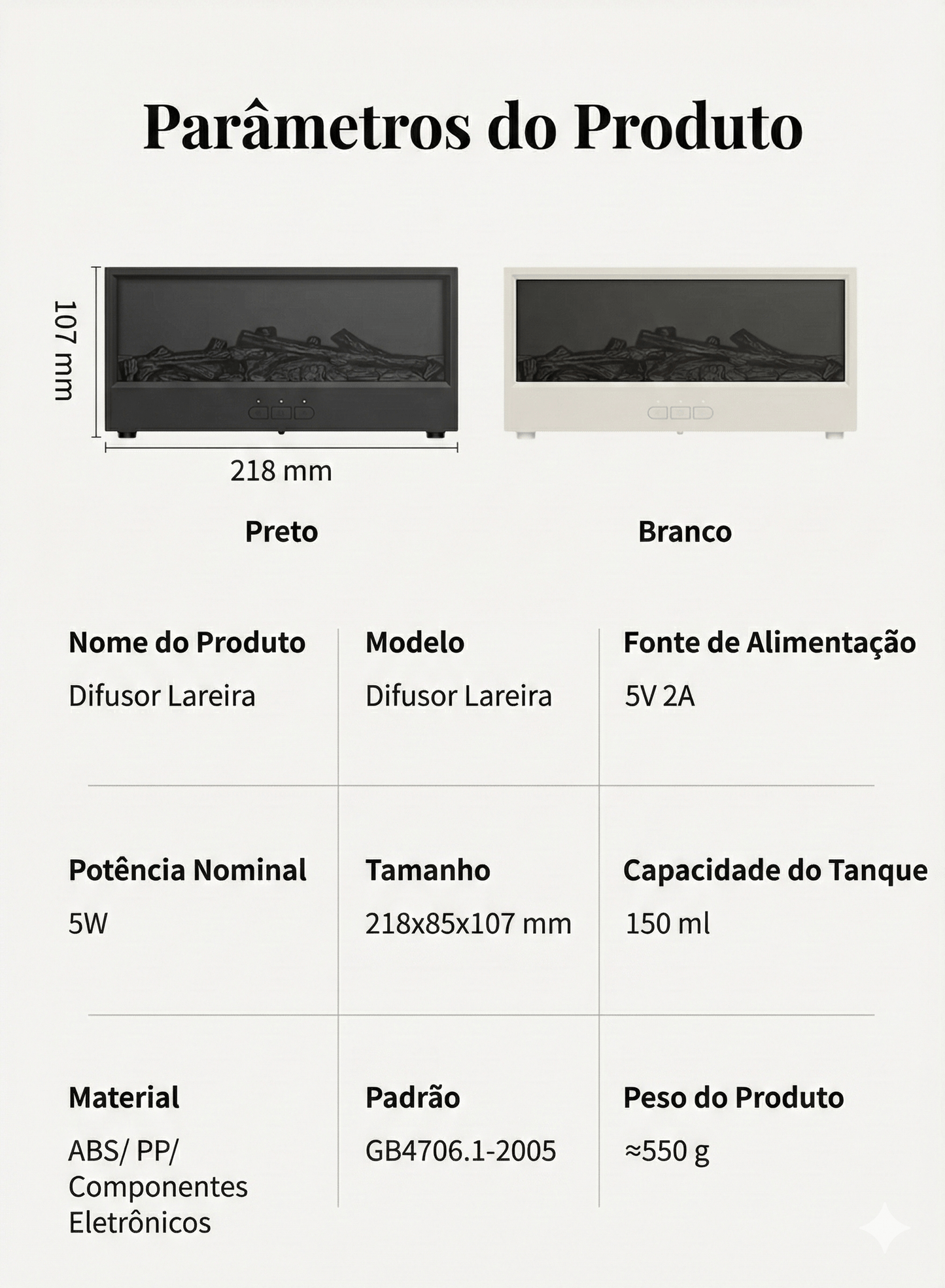 Infográfico do umidificador de ar mostrando os parâmetros do produto.