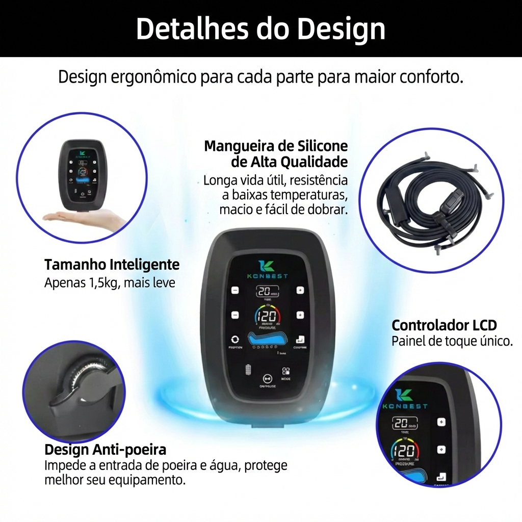 Painel de toque do controlador da Bota de Compressão Pneumática destacando o ajuste de pressão e tempo.