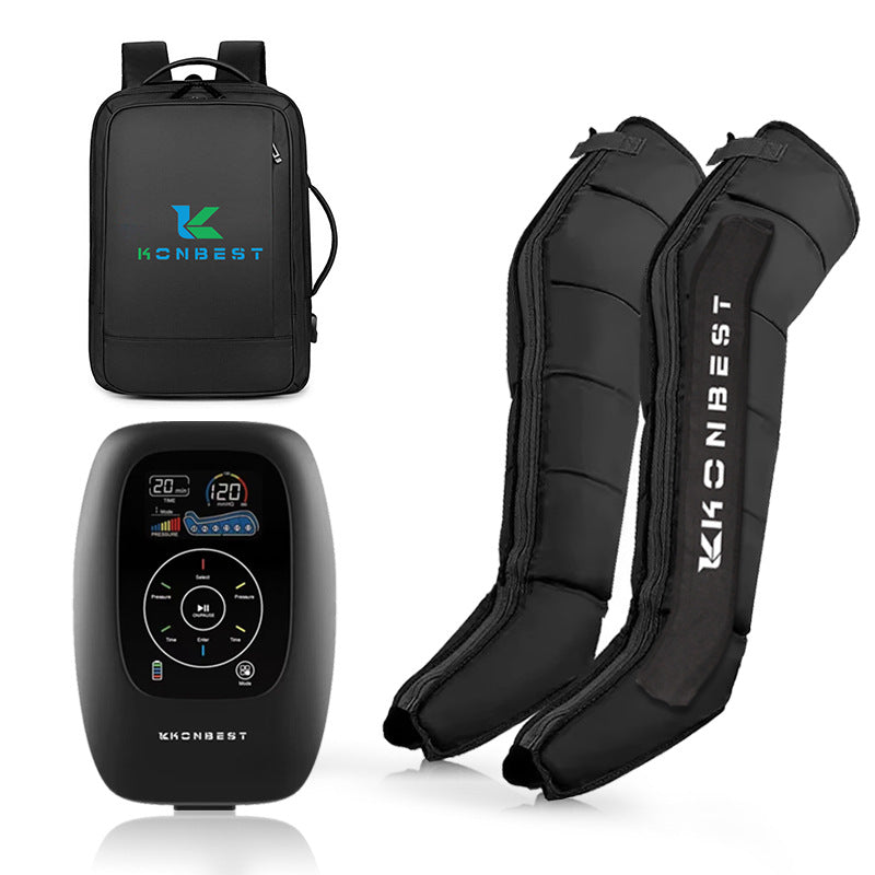Bota de Compressão Pneumática FlowStep em preto com controlador LCD e mochila de transporte.