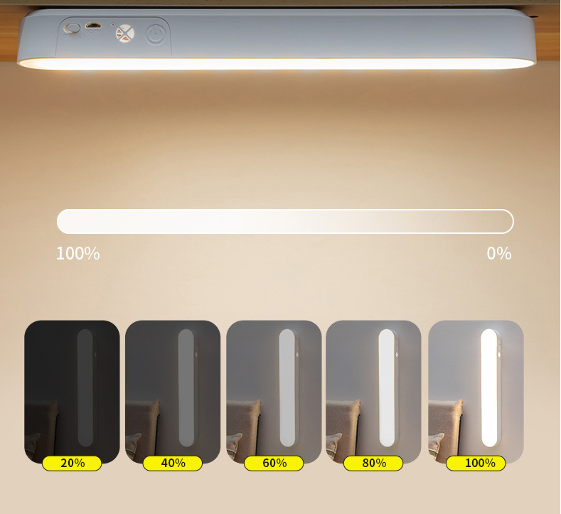 Luminária LED de cabeceira ClickSleep em uma base amadeirada mostrando os diferentes níveis de intensidade de luz.