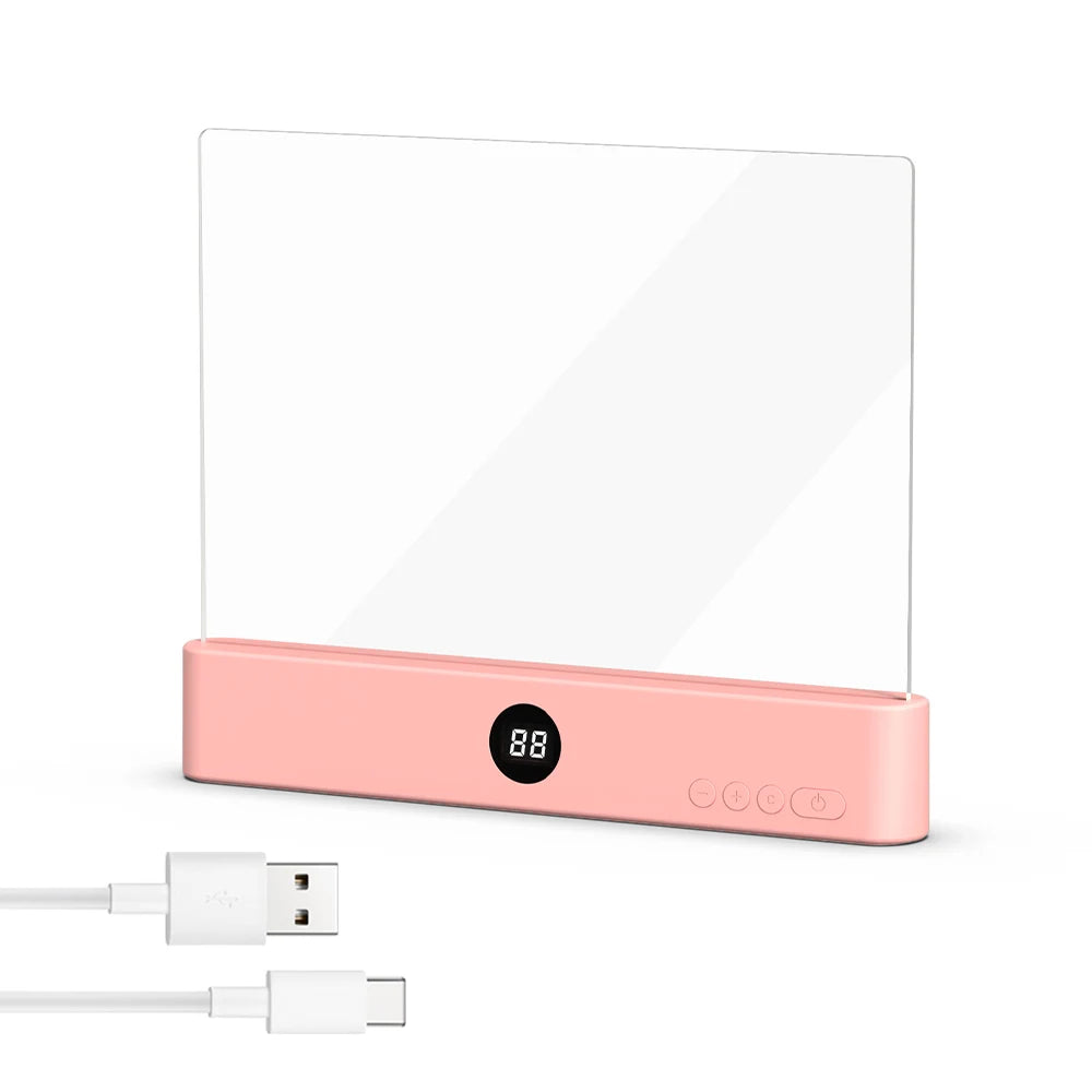 Detalhe da Luminária LED rosa com os cabos USB, mostrando sua portabilidade e material em ABS.