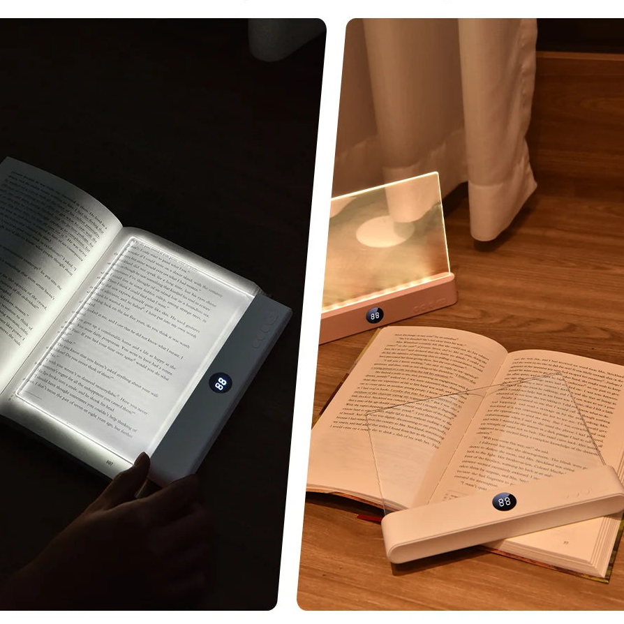 Luz suave da Luminária LED em duas imagens diferentes, em um quarto escuro e um claro, promovendo relaxamento.