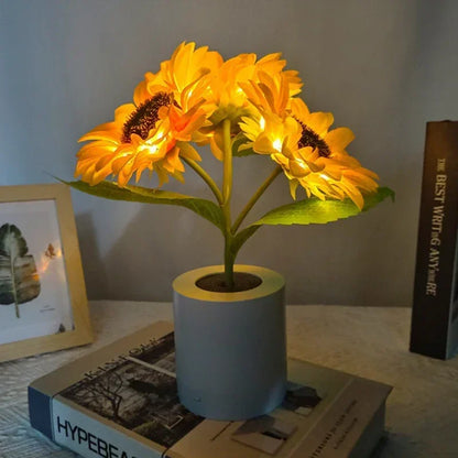 Luminária de Mesa em formato de girassol  SunnyRest acesa em ambiente de quarto aconchegante