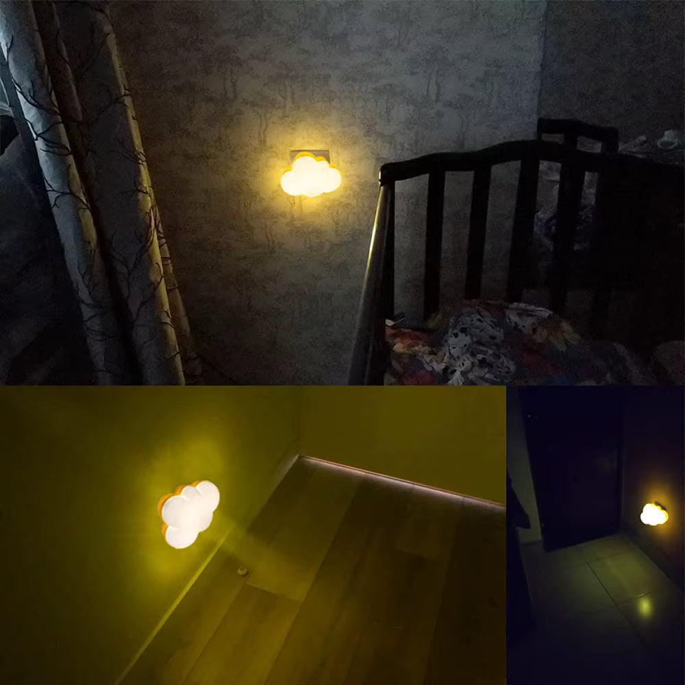 Luminária de Parede em formato de nuvem DreamCloud emitindo luz amarela suave na tomada em diferentes ambientes.