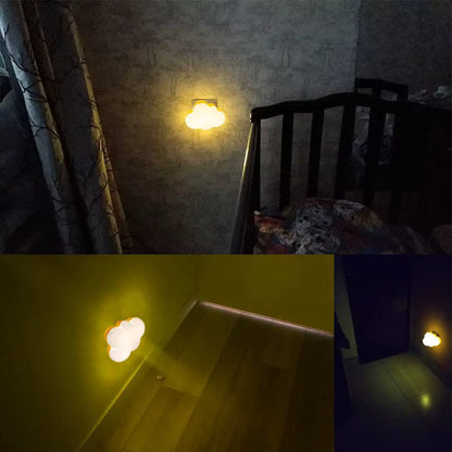 Luminária de Parede em formato de nuvem DreamCloud emitindo luz amarela suave na tomada em diferentes ambientes.