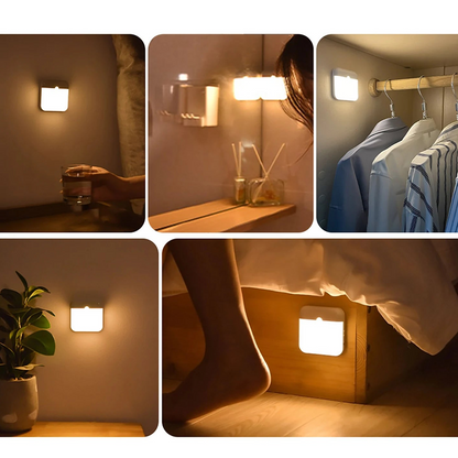 Luminária de Parede GuideLight fixada em diferentes ambientes emitindo luz quente suave.