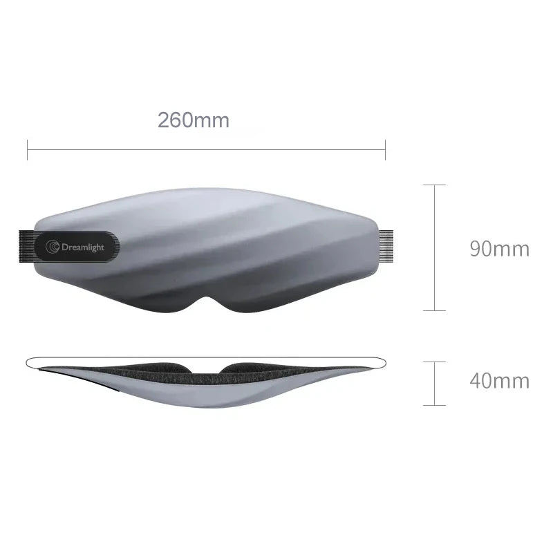 Máscara de Dormir Dreamlight 3s cinza em fundo branco com medidas do produto.