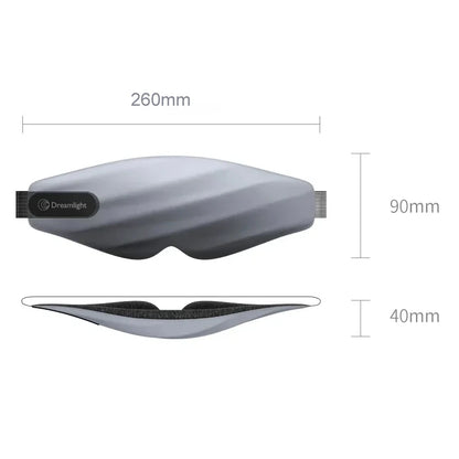Máscara de Dormir Dreamlight 3s cinza em fundo branco com medidas do produto.