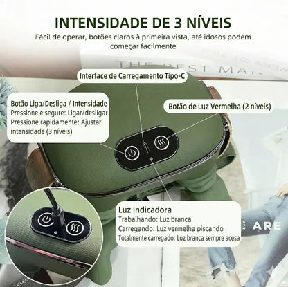 Massageador Eletrico HandRelief, com texto mostrando o funcionamento dos botões.