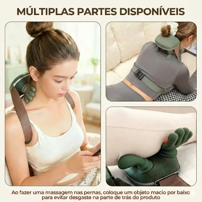 Mulher utilizando Massageador Eletrico HandRelief, mostrando o como utilizar o massageador nas pernas.