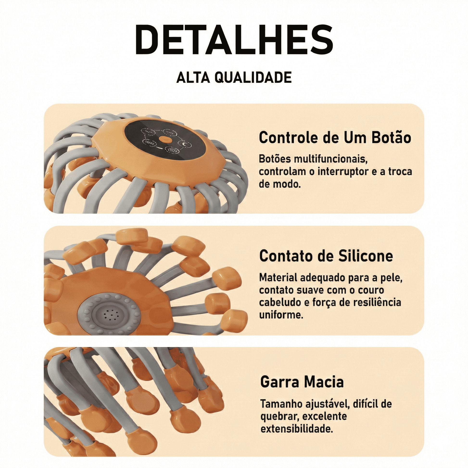 Infográfico mostrando detalhes  e as funções do Massageador Elétrico