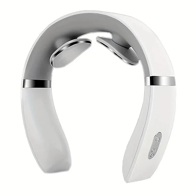 Massageador Elétrico de pescoço NeckSpa em cor branca com design ergonômico e moderno em fundo branco.