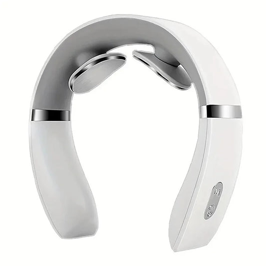 Massageador Elétrico de pescoço NeckSpa em cor branca com design ergonômico e moderno em fundo branco.