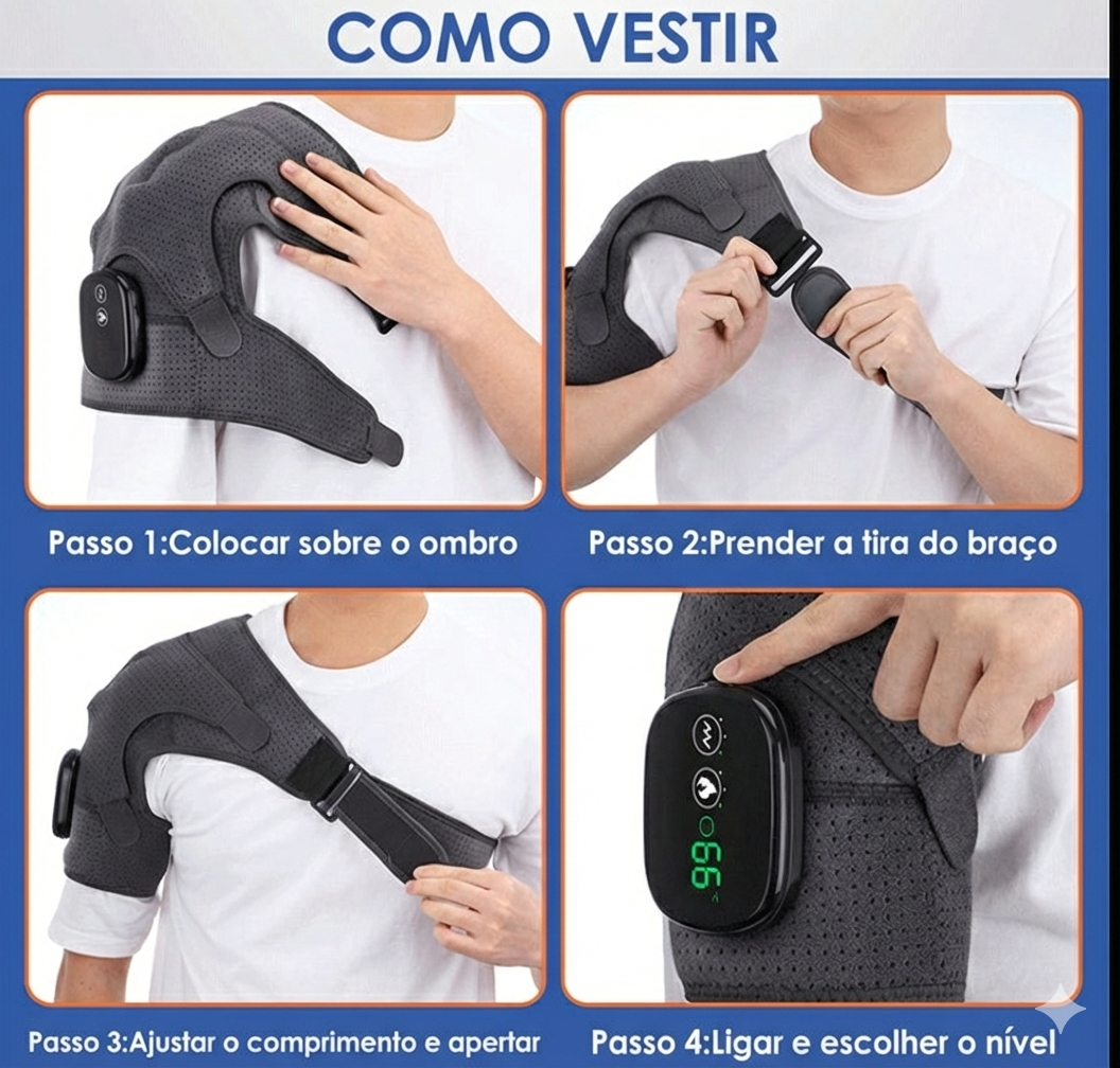 Infográfico 'Como usar' o Massageador Elétrico ShoulderRelief com passo a passo de ajuste das alças