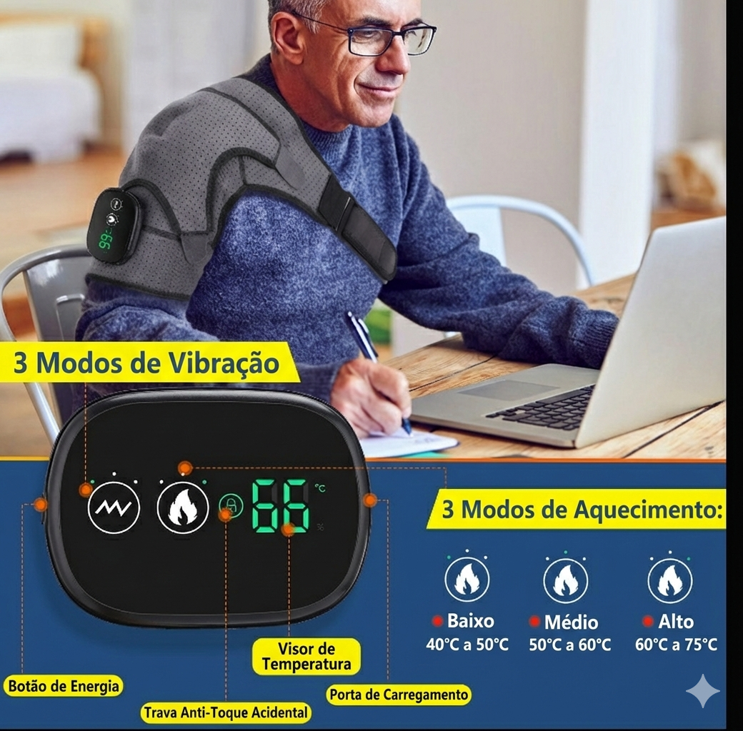 Homem utilizando o Massageador Elétrico no ombro enquanto trabalha, evidenciando o conforto e a postura e especificações do produto.
