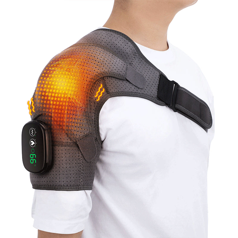 Massageador Elétrico para ombros Sillencia ShoulderRelief em uso, destacando a zona de calor infravermelho.