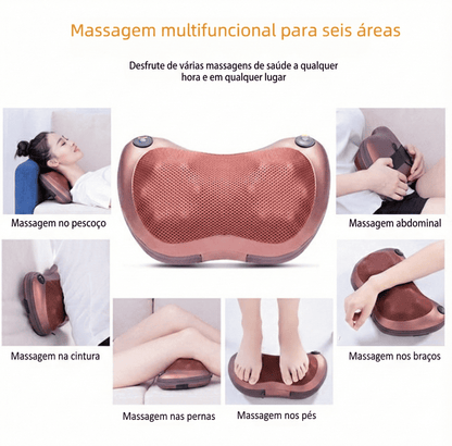 Mosaico de fotos mostrando o Massageador Elétrico sendo usado no em diferentes partes do corpo.