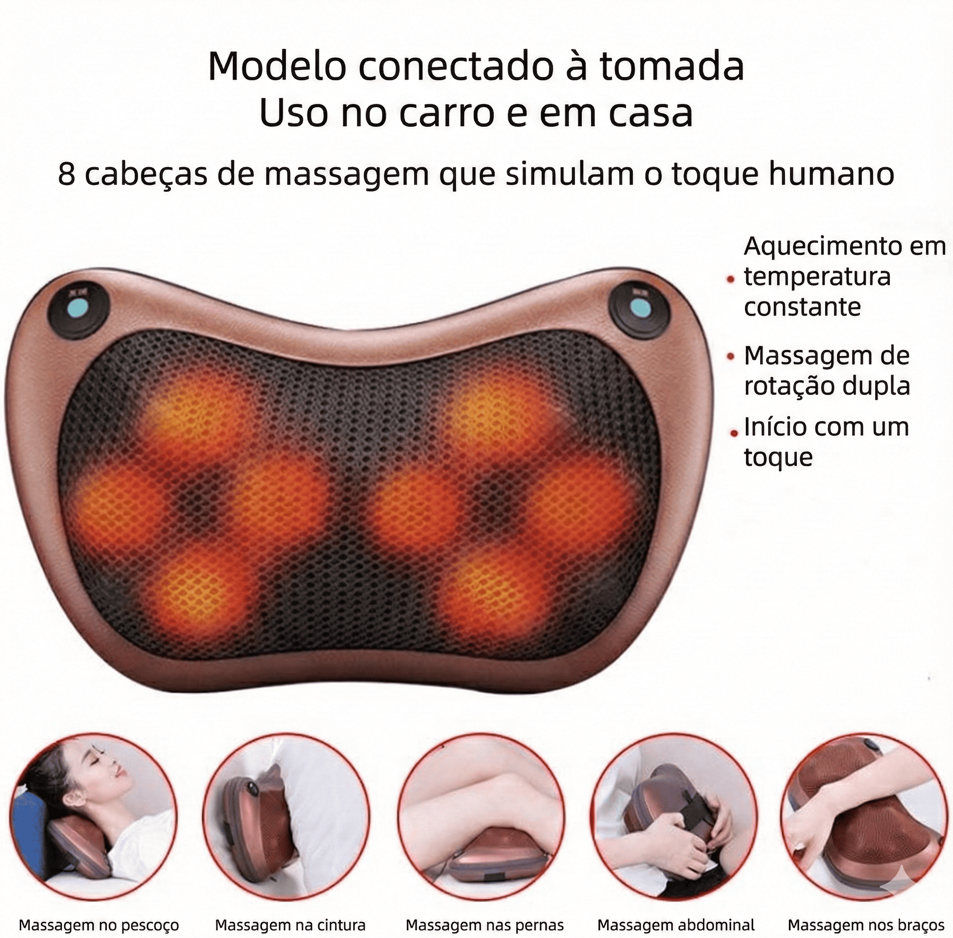 Mosaico de fotos mostrando o Massageador Elétrico sendo usado no pescoço, costas, pernas e pés
