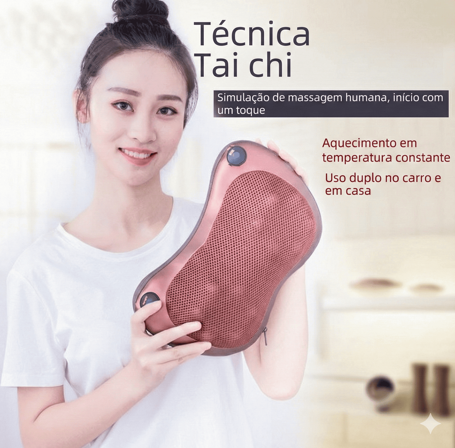 Mulher mostrando o Massageador Elétrico e texto destacando a técnica de massagem Tai Chi.
