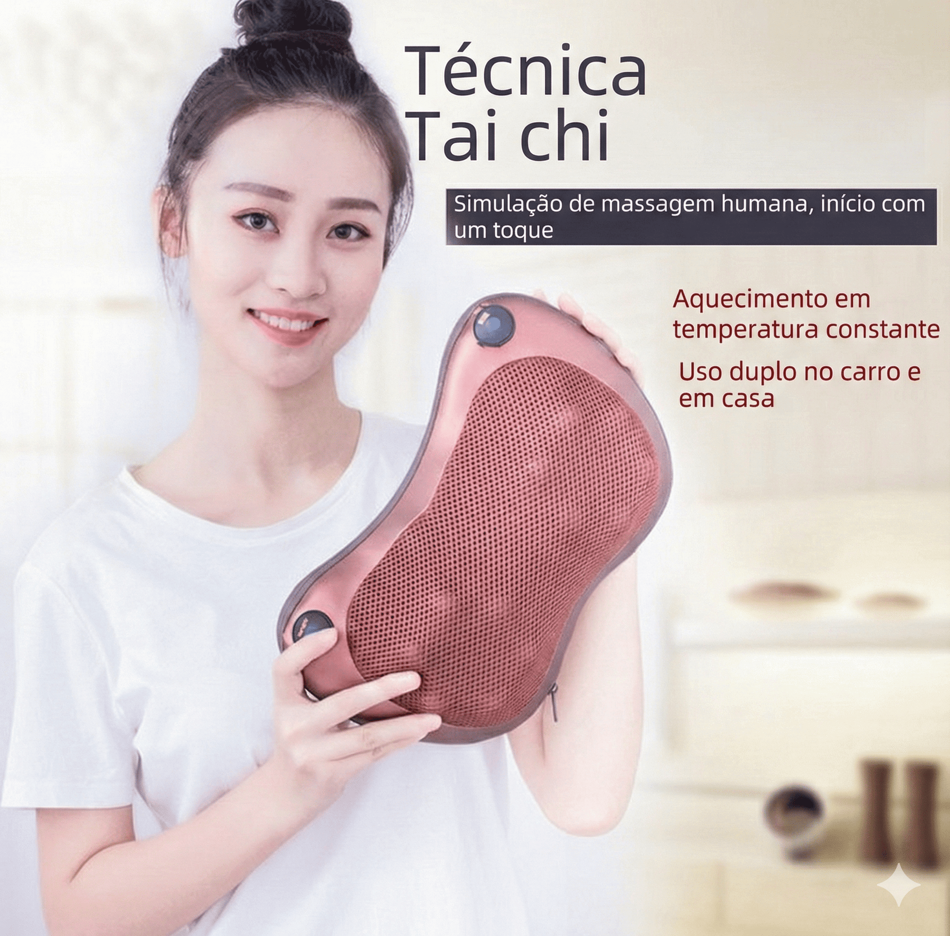 Mulher mostrando o Massageador Elétrico e texto destacando a técnica de massagem Tai Chi.