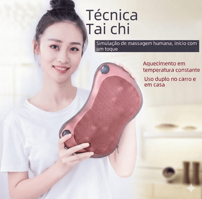 Mulher mostrando o Massageador Elétrico e texto destacando a técnica de massagem Tai Chi.