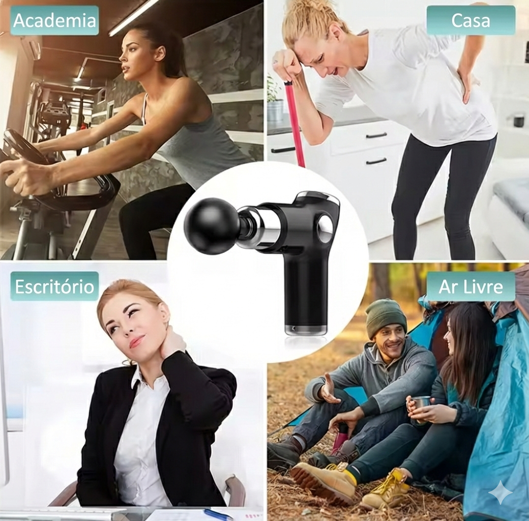 Diferentes ambientes nos quais a Pistola de Massagem DeepImpact pode ser utilizada.