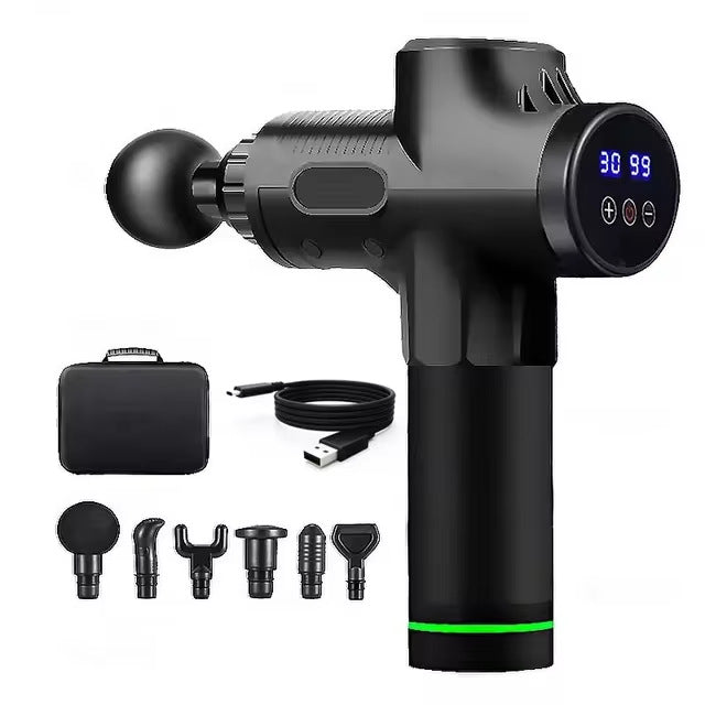 Pistola de Massagem EliteImpact 30 com os acessórios e mala em fundo branco.