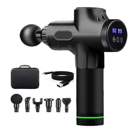 Pistola de Massagem EliteImpact 30 com os acessórios e mala em fundo branco.