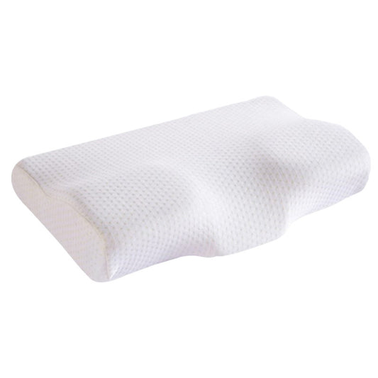 Travesseiro ortopédico Sillencia CervicalRest branco com design ergonômico em curva e textura de tricô.
