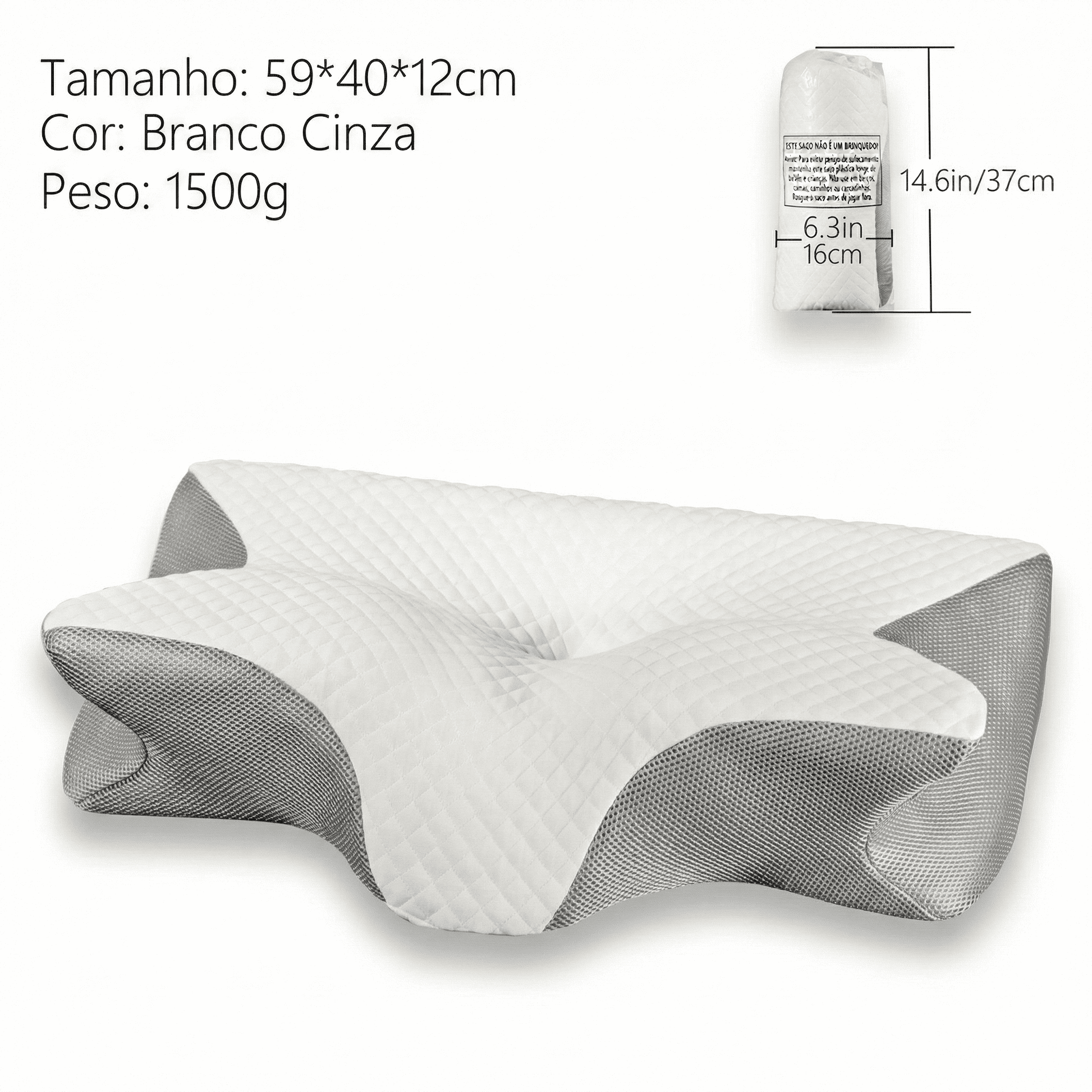 Travesseiro Ortopédico ErgoMaster 4D cinza em fundo branco.