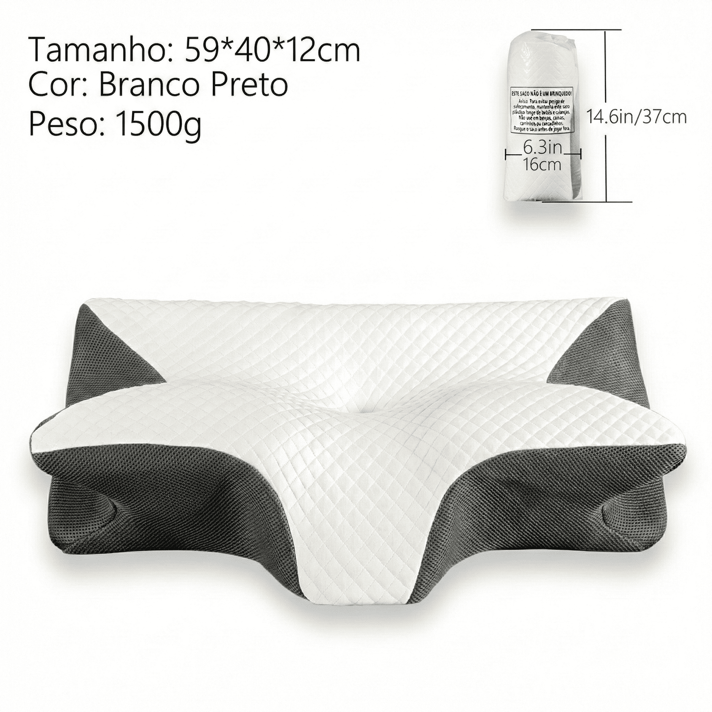 Travesseiro Ortopédico ErgoMaster 4D preto em fundo branco.