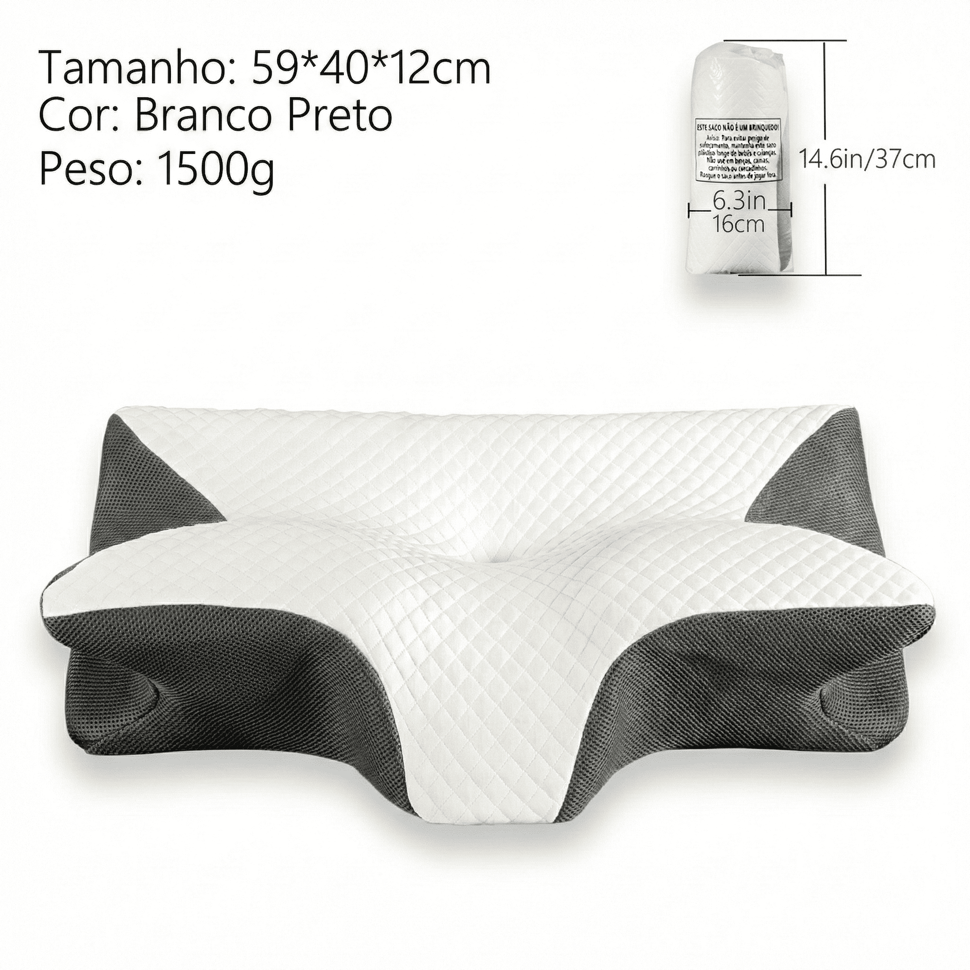 Travesseiro Ortopédico ErgoMaster 4D preto em fundo branco.