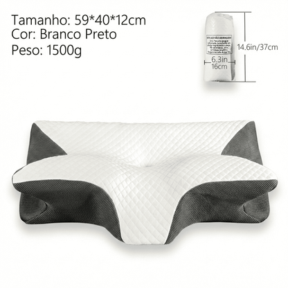 Travesseiro Ortopédico ErgoMaster 4D preto em fundo branco.
