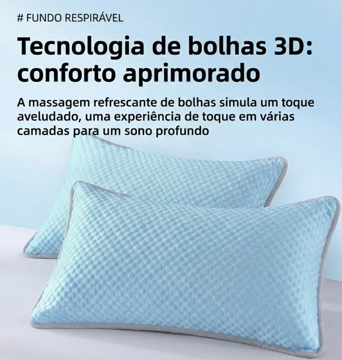 Travesseiro ortopédico Sillencia IceMat com padrão circular azul e branco destacando o acabamento premium e tecnologia de bolhas.