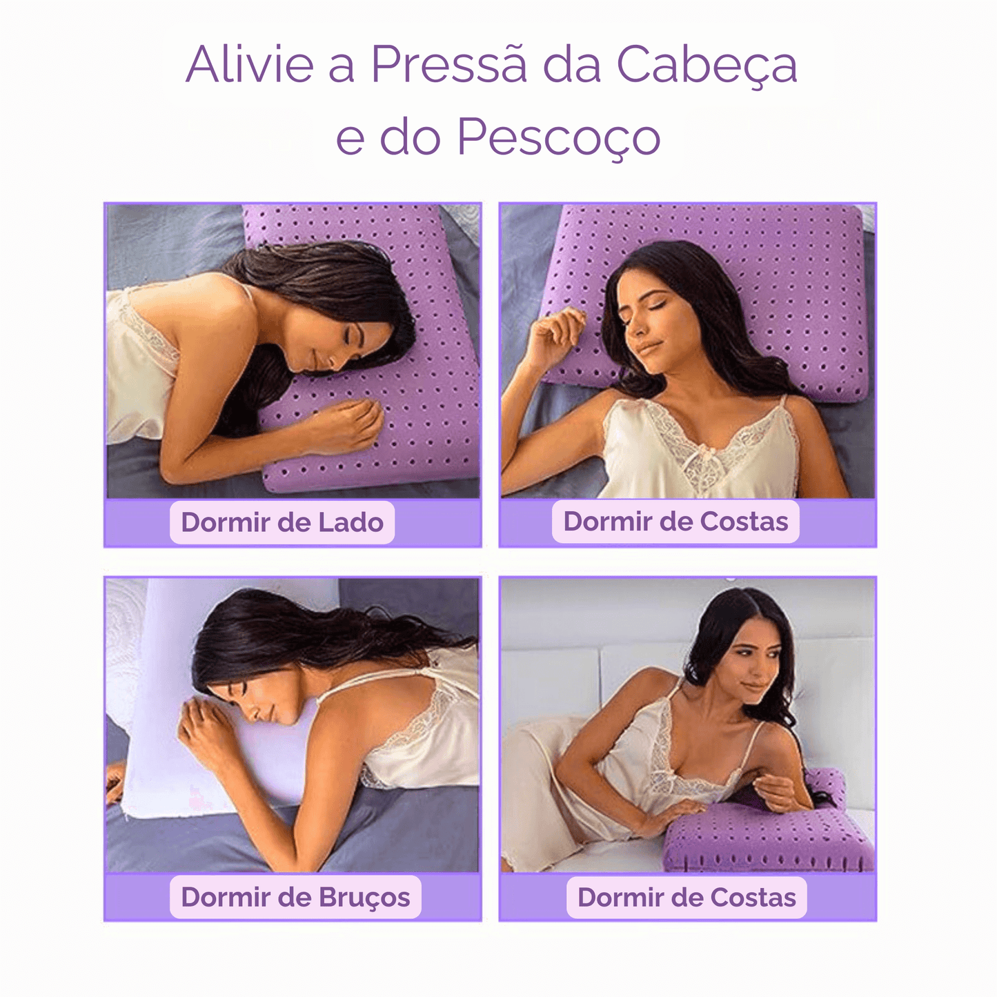 Infográfico mostrando o suporte do travesseiro ortopédico para as posições de lado, costas e bruços.
