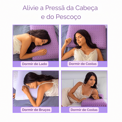Infográfico mostrando o suporte do travesseiro ortopédico para as posições de lado, costas e bruços.