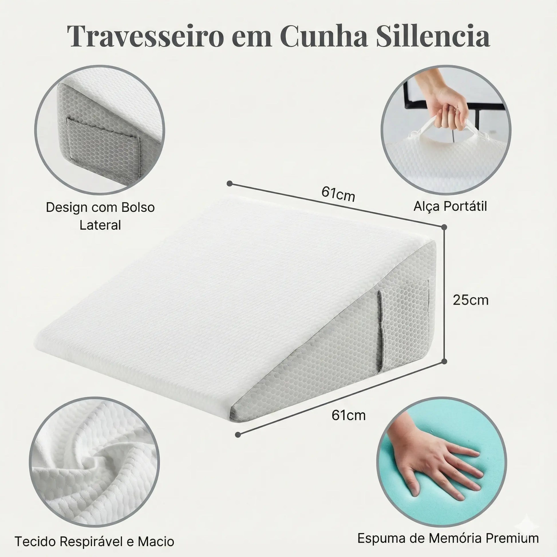 Medidas do Travesseiro ortopédico Sillencio e destaque para as diferentes facilidades e qualidades do produto.
