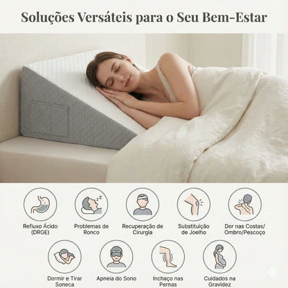Mulher deitada no Travesseiro ortopédico Sillencio, evidenciando e infográfico mostrando diferentes utilizações do Travesseiro.
