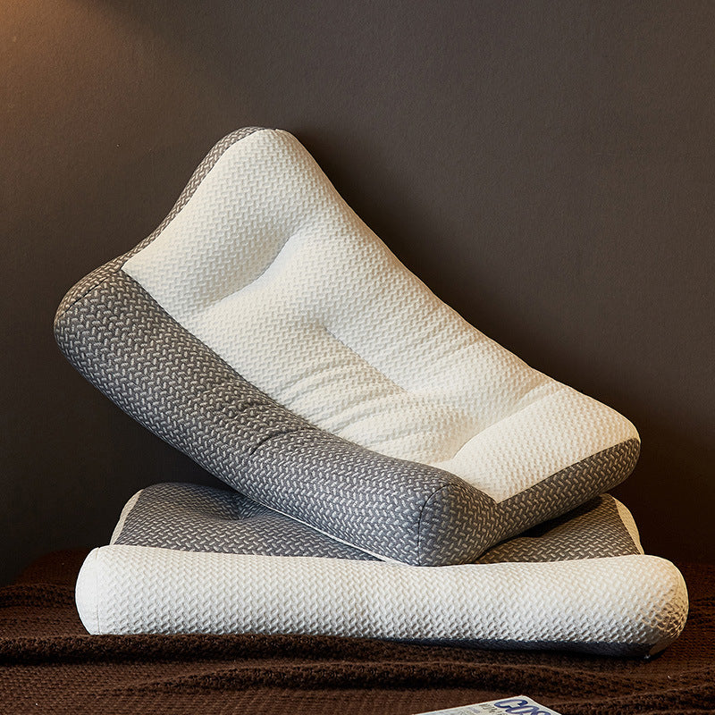 Travesseiro ortopédico ZenFiber em tons de cinza e branco destacando o design ergonômico.
