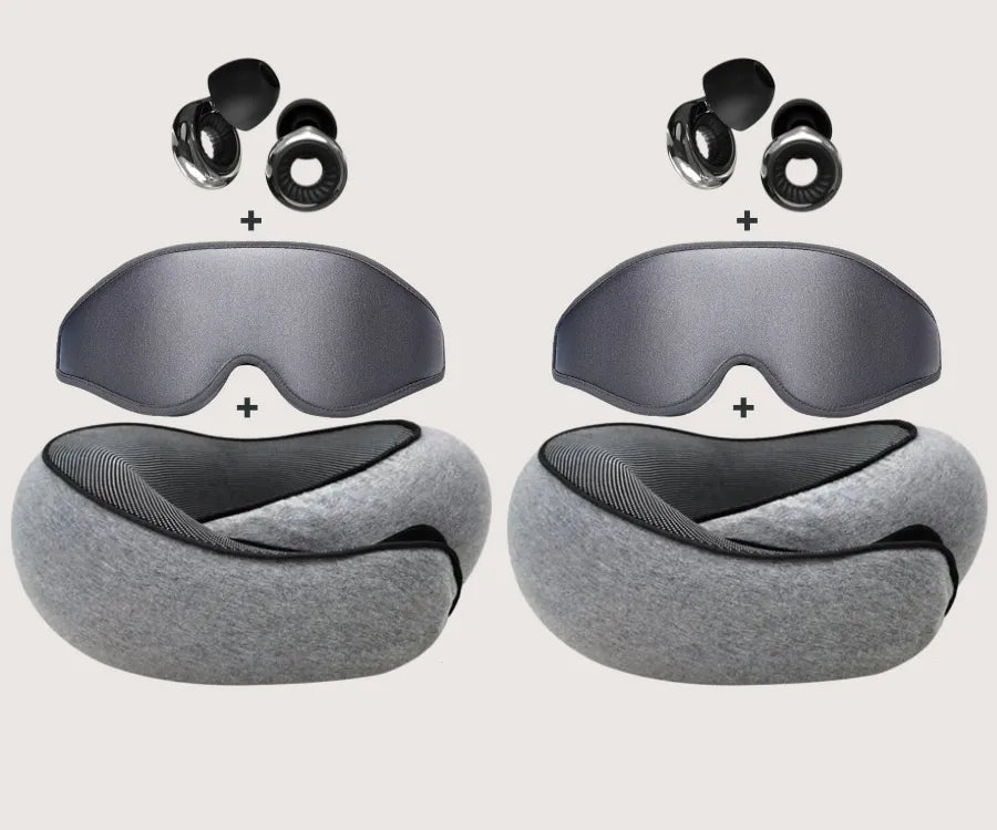 Travesseiro de Pescoço Sillencia Conforto360 Kit Premium com máscara e tampão de ouvido em fundo branco.