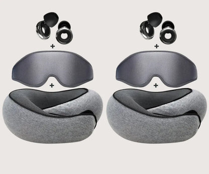 Travesseiro de Pescoço Sillencia Conforto360 Kit Premium com máscara e tampão de ouvido em fundo branco.