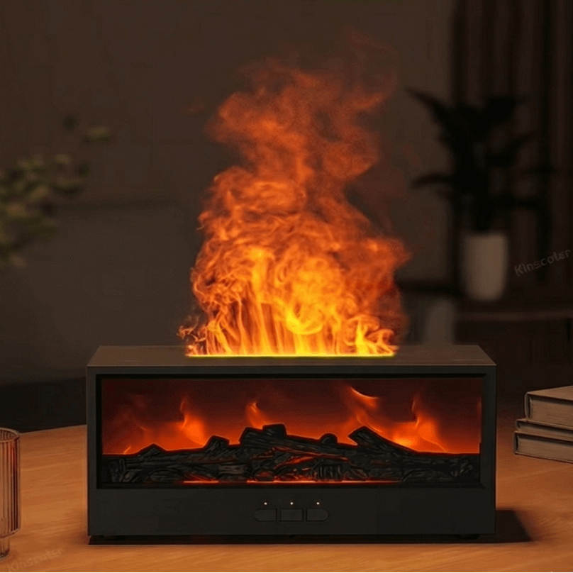 Umidificador de ar Sillencia FireMist com projeção de chama alaranjada e base que simula lenha.
