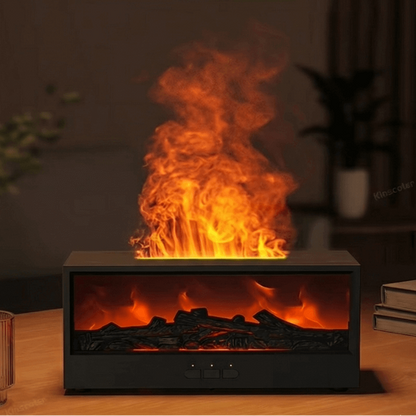 Umidificador de ar Sillencia FireMist com projeção de chama alaranjada e base que simula lenha.
