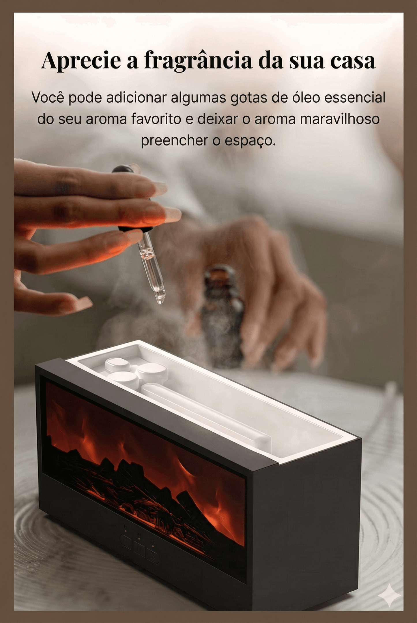 Umidificador de ar mostrando o reservatório de água com mão pingando oléo essencial no reservatório.