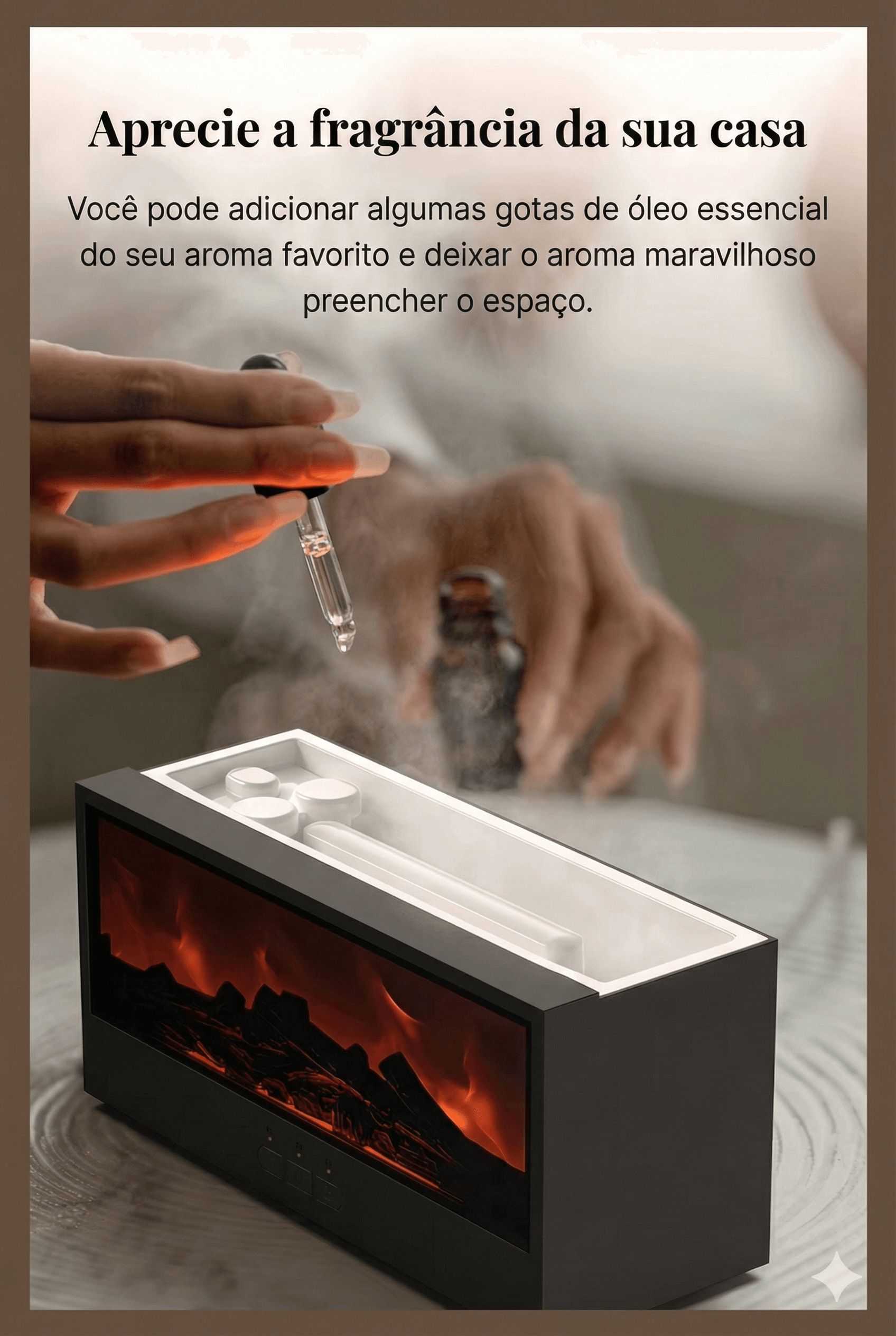 Umidificador de ar mostrando o reservatório de água com mão pingando oléo essencial no reservatório.