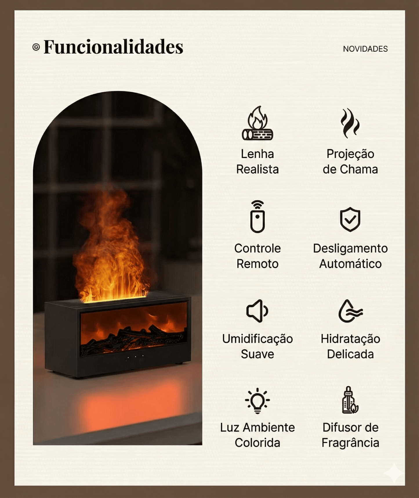 Infográfico do umidificador de ar mostrando as funcionalidades.