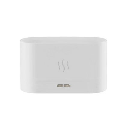 Umidificador de ar FlameGlow branco em um fundo branco.