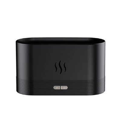 Umidificador de ar FlameGlow preto em um fundo branco.