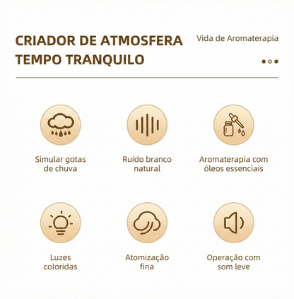 "Infográfico dos benefícios do umidificador de ar: simulação de chuva, ruído branco e atomização fina.