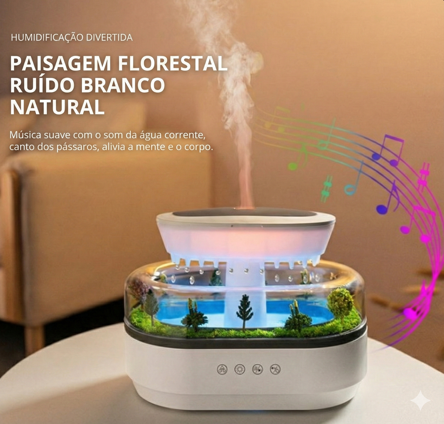 Umidificador de ar RainCloud com design de nuvem, cenário de floresta iluminado e névoa saindo pelo topo